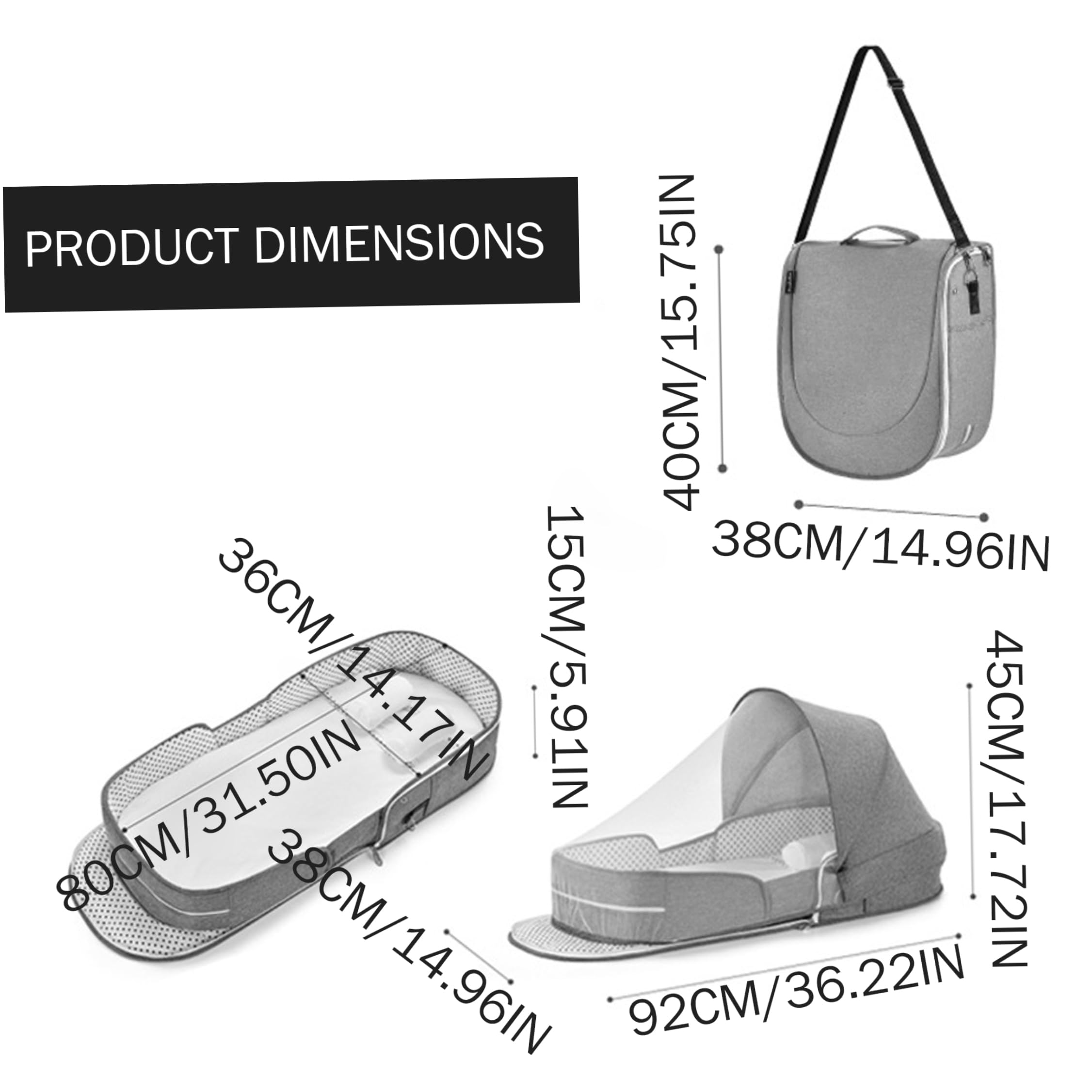 Couffin de Voyage Pliable Portable pour bébé de 0 à 6 Mois avec auvent et Filet, Berceau pour Nouveau-né Essentiel Voyage, lit bébé pour Camping en Voiture, Avion, Gris