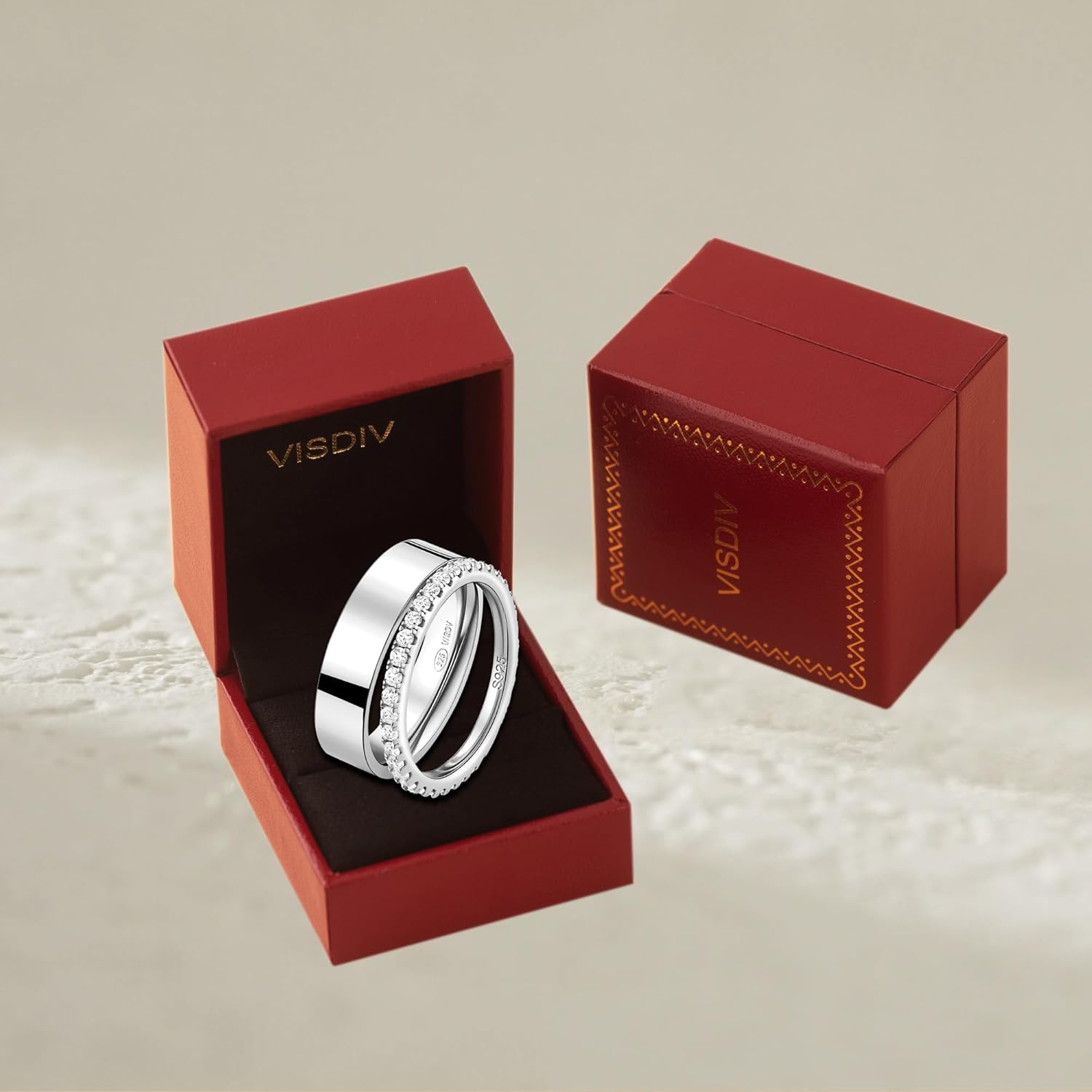 2 Pack Sterling Silver Eternity Ring & Gold Band for Women, 2mm CZ Stackable Wedding Engagement Promise Rings, Simple 5mm Plated Band, Size 5-10, Gift Jewelry Set