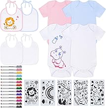 Pack of 27 Baby Bibs for Painting, Bodysuits for Baby Shower, Set with 4 Short-Sleeved Cotton Bodysuits, Double-Sided, 4 Bibs with 14 Coloured Textile Pens, 5 Painting Stencils