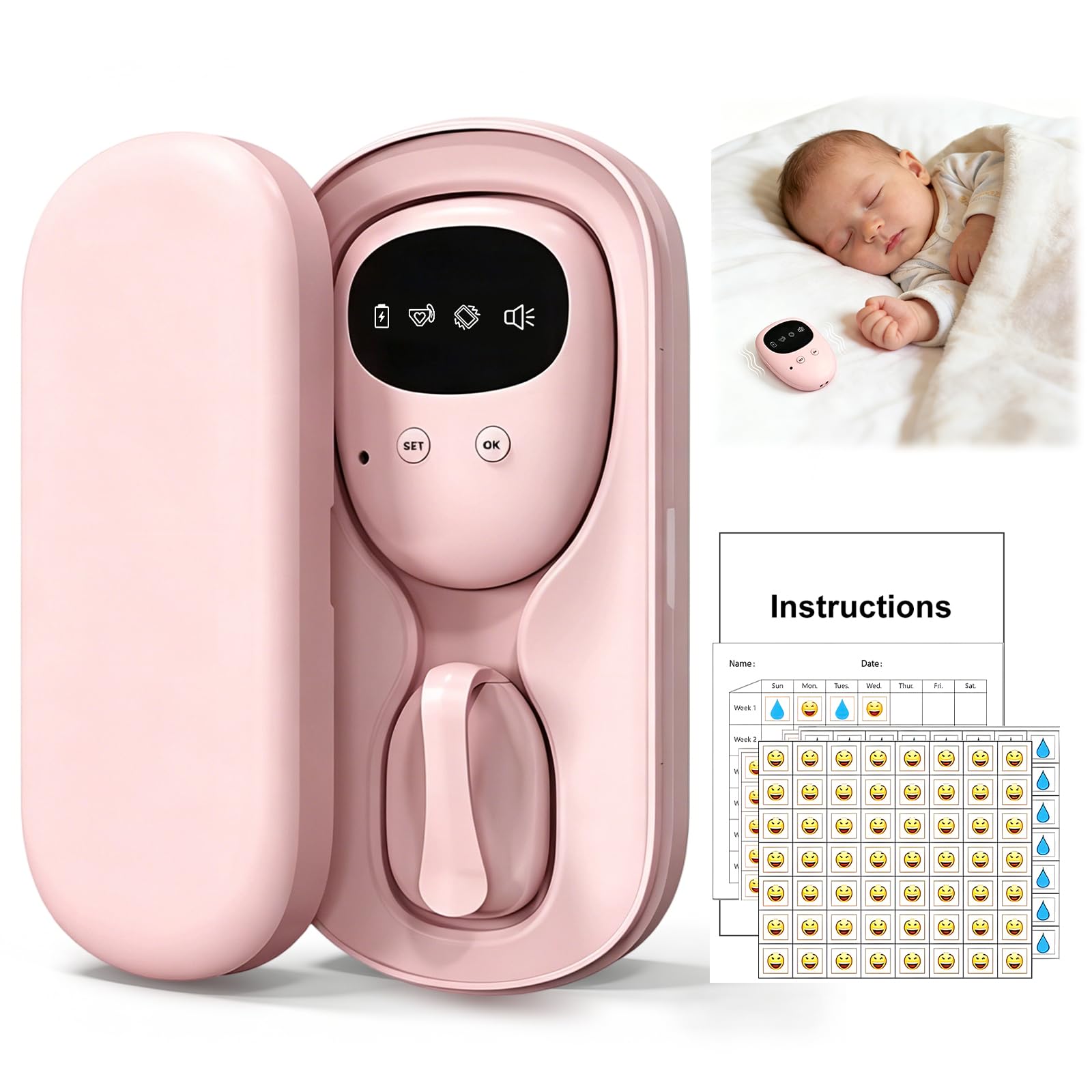 Wireless Bedwetting Alarm, Pee Alarm with 3 vibration modes and Loud Sound for Potty Training, USB-C Rechargeable Enuresis Sensor for Boys Girls Kids Adults & Elderly (Pink)