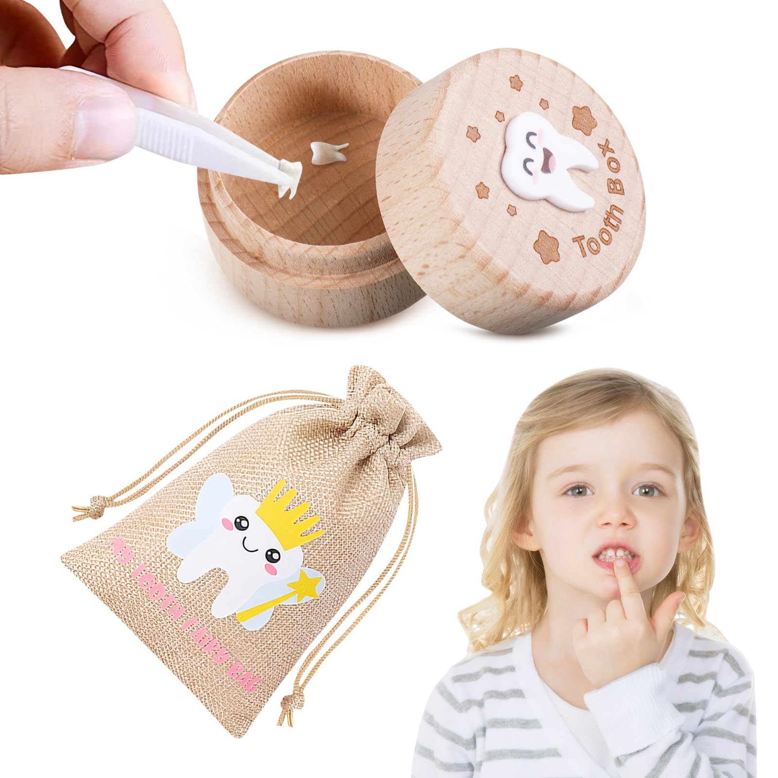 SIWOKJJO Tooth Fairy Box, Tooth Fairy Bag for Girls, Girl Keepsake Organizer, Lost Teeth Holder Box, Tooth Storage Box, Cute Wooden Tooth Fairy Keepsake