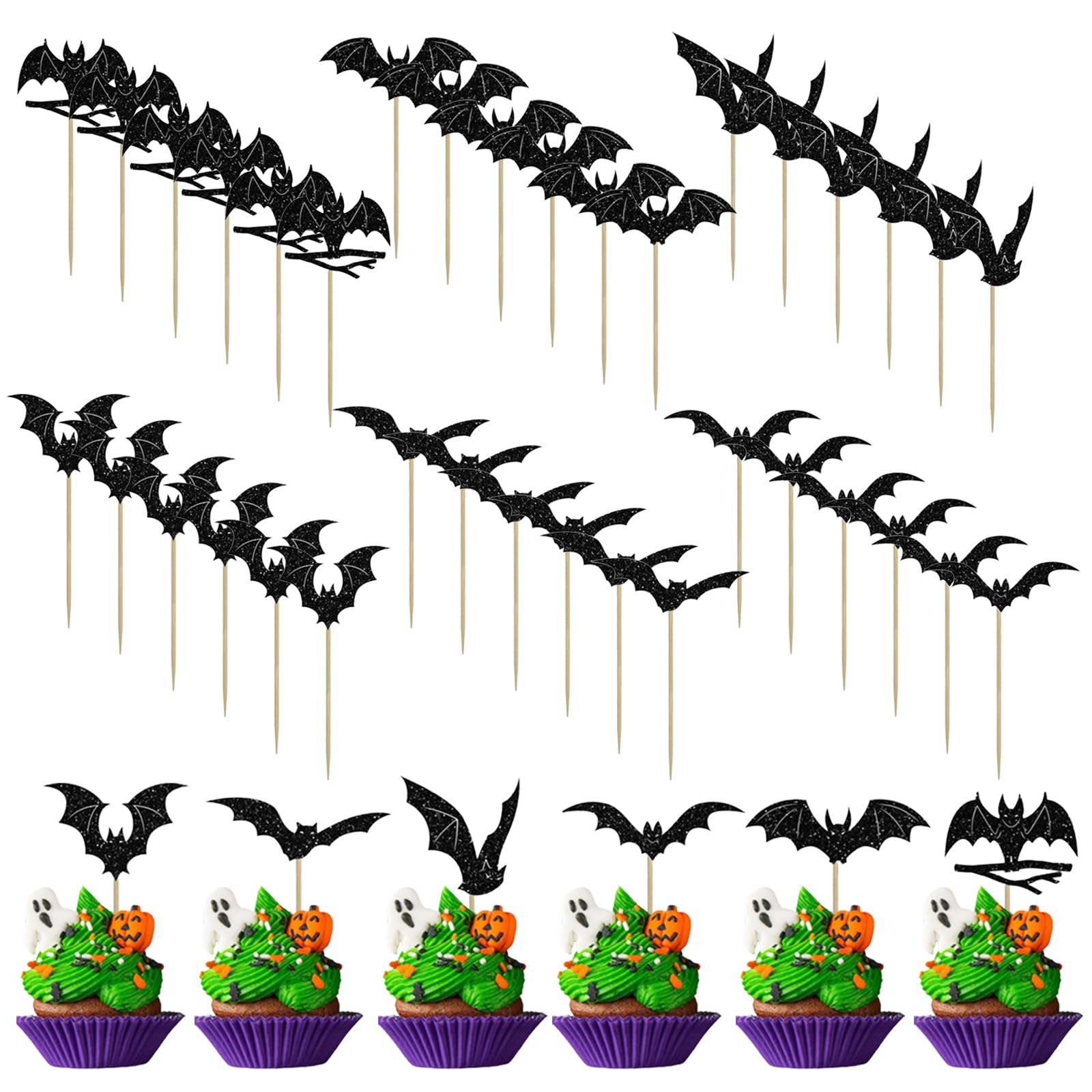 EDLMKM 36 Pcs Halloween Bat Cupcake Toppers Black Glitter Bat Cupcake Picks for Halloween Theme Party Decor, zHalloween Cake Decorations, HHalloween Cake Toppers, HHalloween Picks, Food Decorations