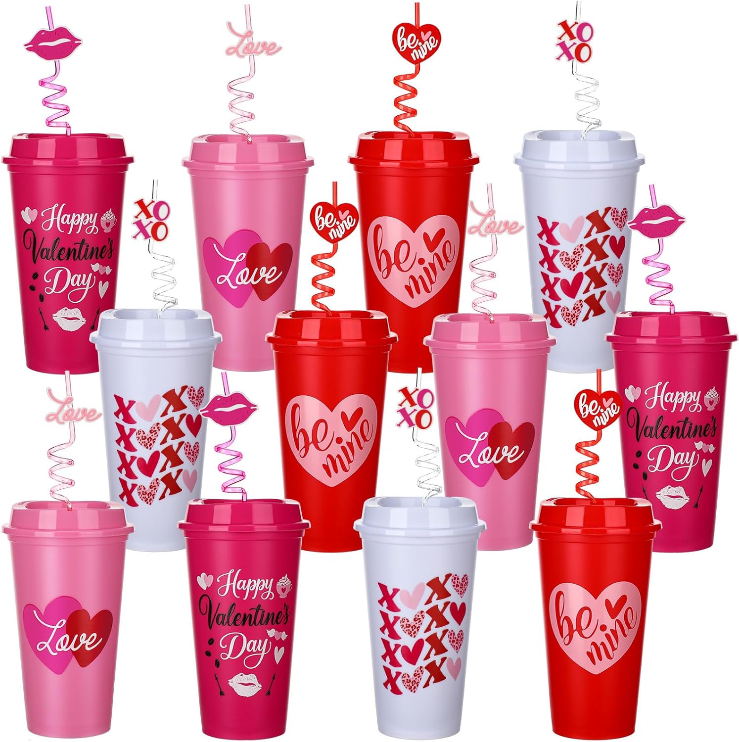 Patelai 24 Set Valentines Day Tumbler Cups Bulk for Teachers 16 oz Plastic Pink Heart Coffee Cups with Spiral Straw Lid and Accessories Reusable Beverage Favor for Wedding Anniversary Party Gift Decor