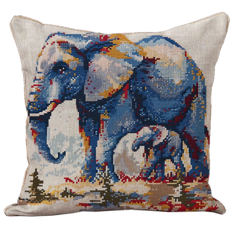 Elephant and Calf DIY Stamped Cross Stitch Pillow Kits Embroidery Pillowcase 11CT Counted Needlepoint Handmade Cushion Cover Home Sofa Christmas Decor 18x18inch(1)