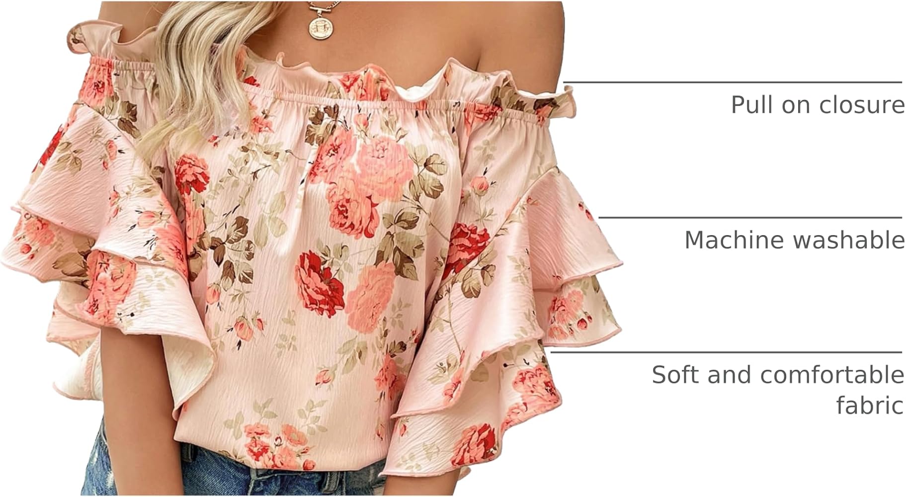 SOLY HUX Women's Floral Print Blouse Off Shoulder Ruffle Trim Half