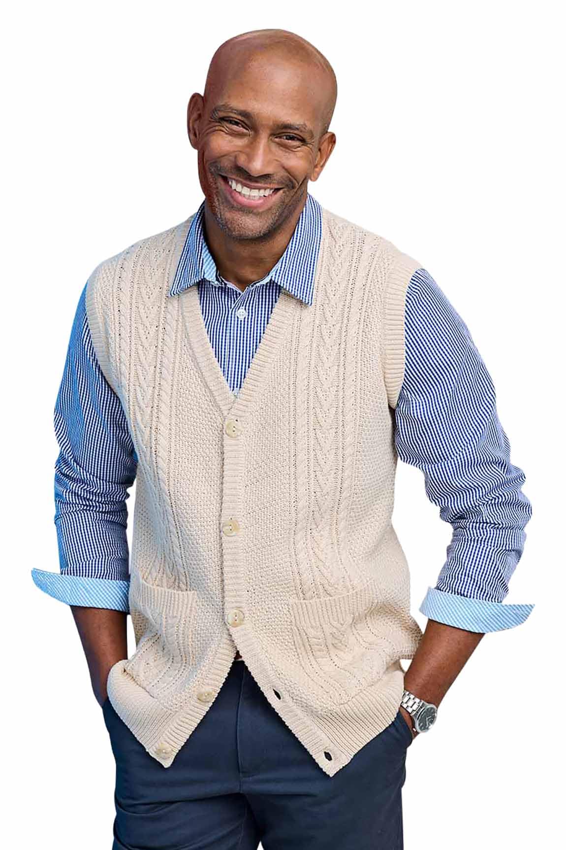 Tootal Men's Cable Knitted Waistcoat, Chunky Cotton Blend Sleeveless Jumper, Smart Casual Lightweight Knit Vest Dawn 3XL
