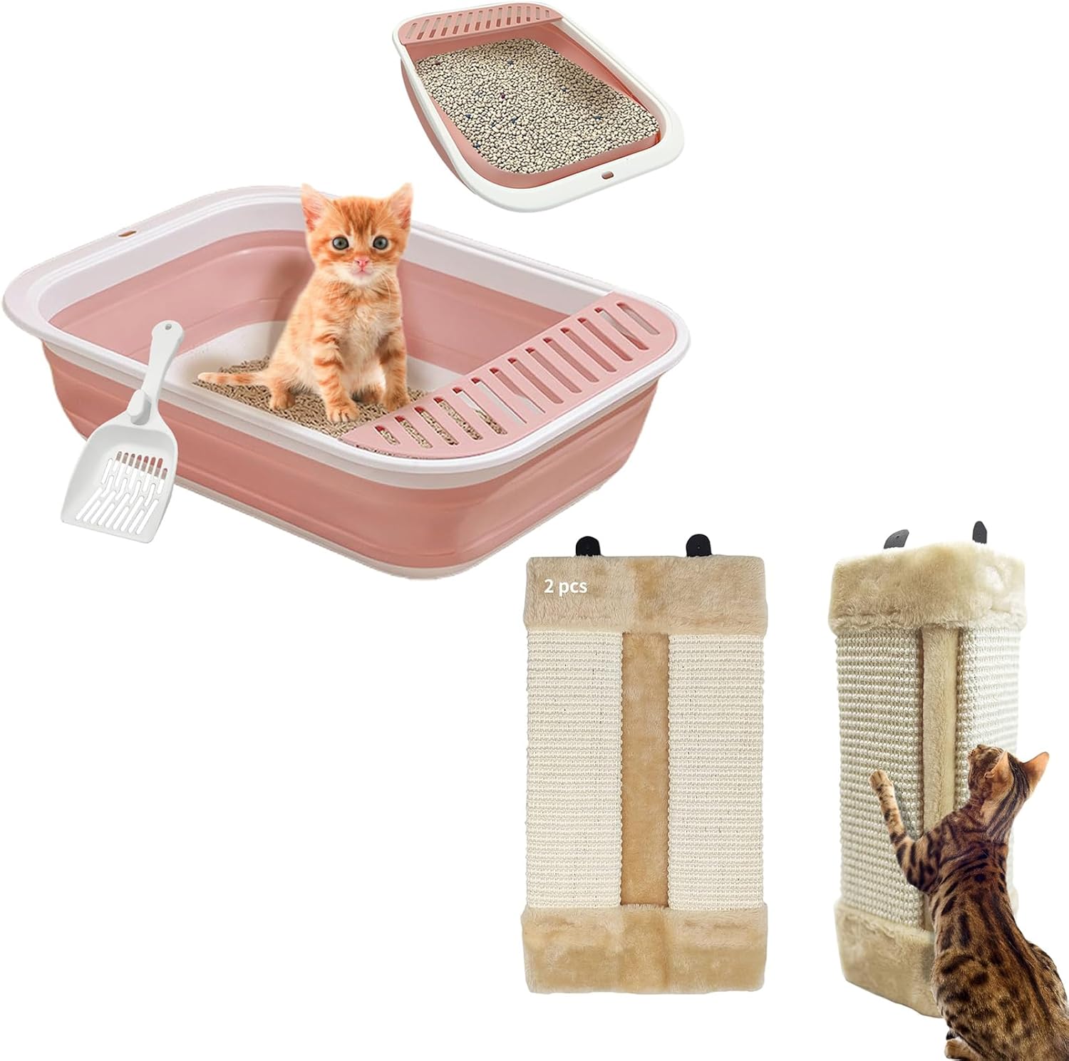 VCEPJH Collapsible Small Cat Litter Box Open Kitten Potty Pan with Scoop Foldable Cat Toilet and 2 Pack Corner Cat Scratcher Natural Sisal Wall Mounted Scratching Boards