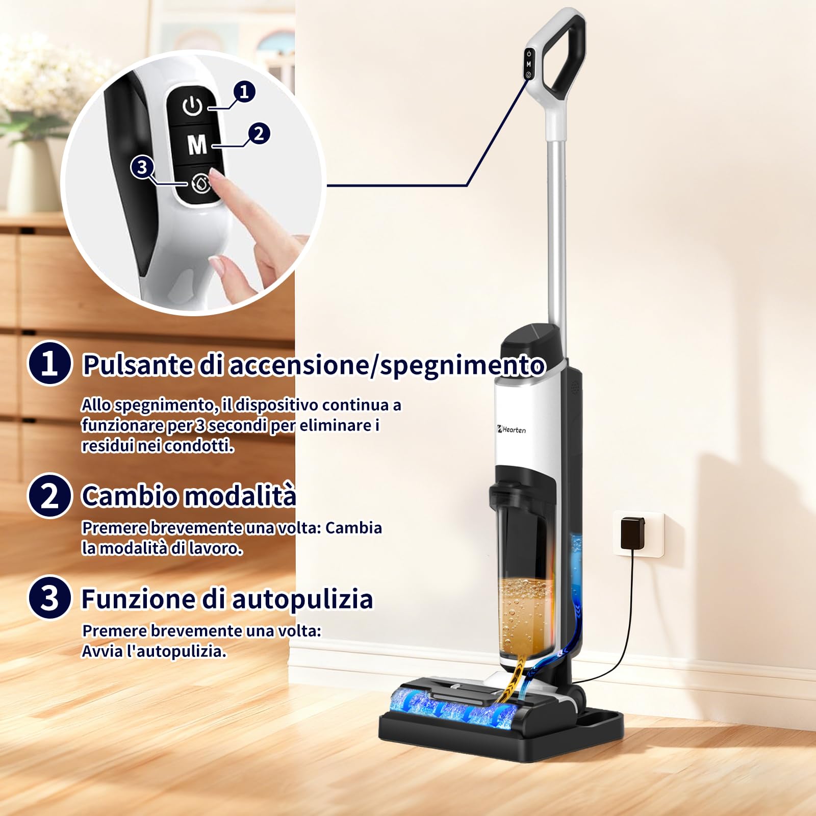 Hearten Aspirapolvere Lavapavimenti Sanificazione con Acqua Elettrolitica, Auto Pulizia, Autopropulsione Lavapavimenti Senza Filo, Display LED, Guida Vocale per Pavimenti in Piastrelle e Legno