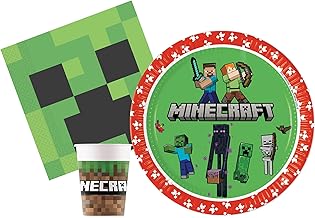 Minecraft Party Table Kit for 24 People (88 Pieces: 24 Plates Ø23cm, 24 Cups 200 ml, 40 Napkins 33 x 33 cm)