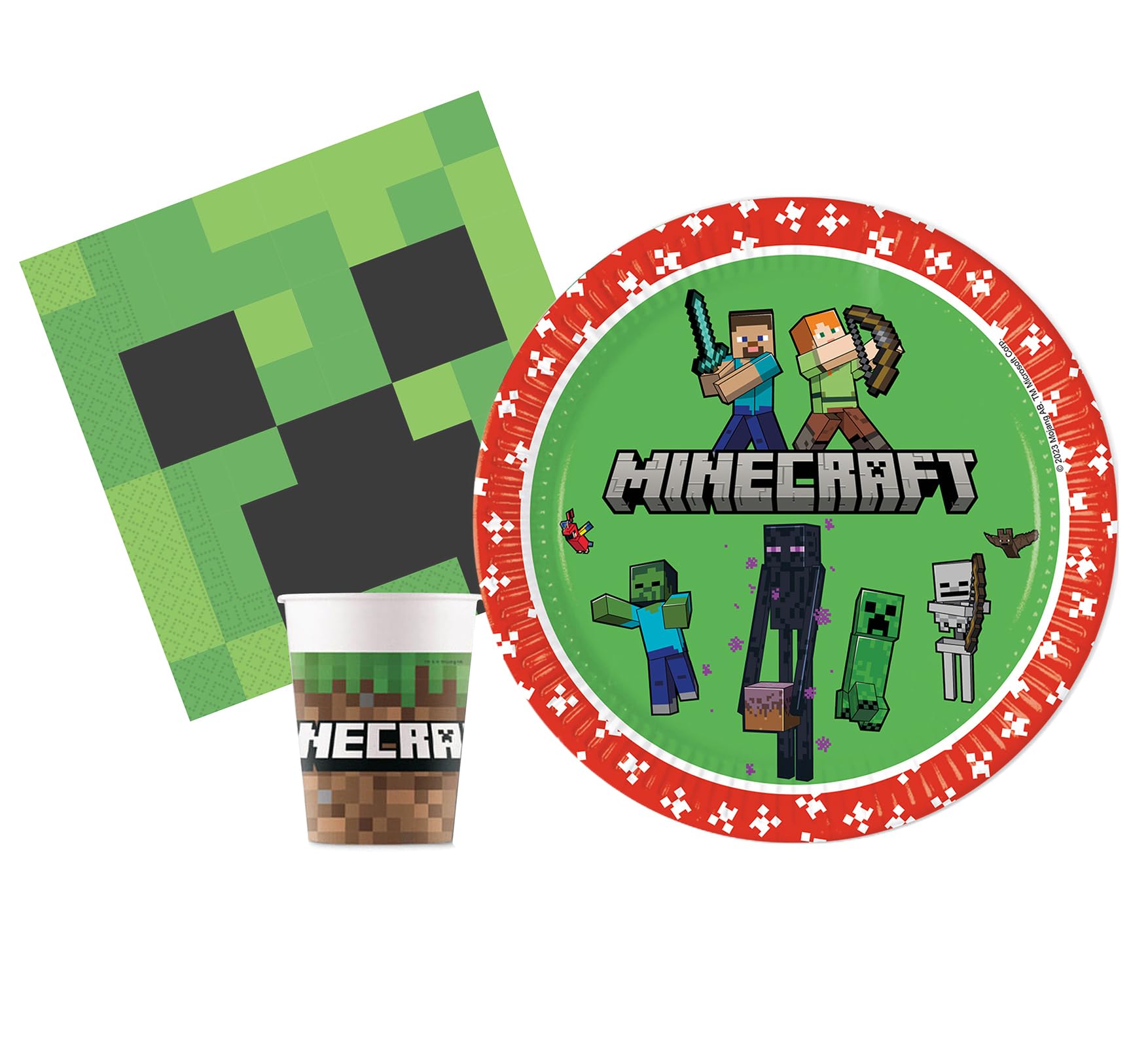 Kit Party Tavola Minecraft per 24 persone (88 pezzi: 24 piatti Ø23cm, 24 bicchieri 200ml, 40 tovaglioli 33x33cm)