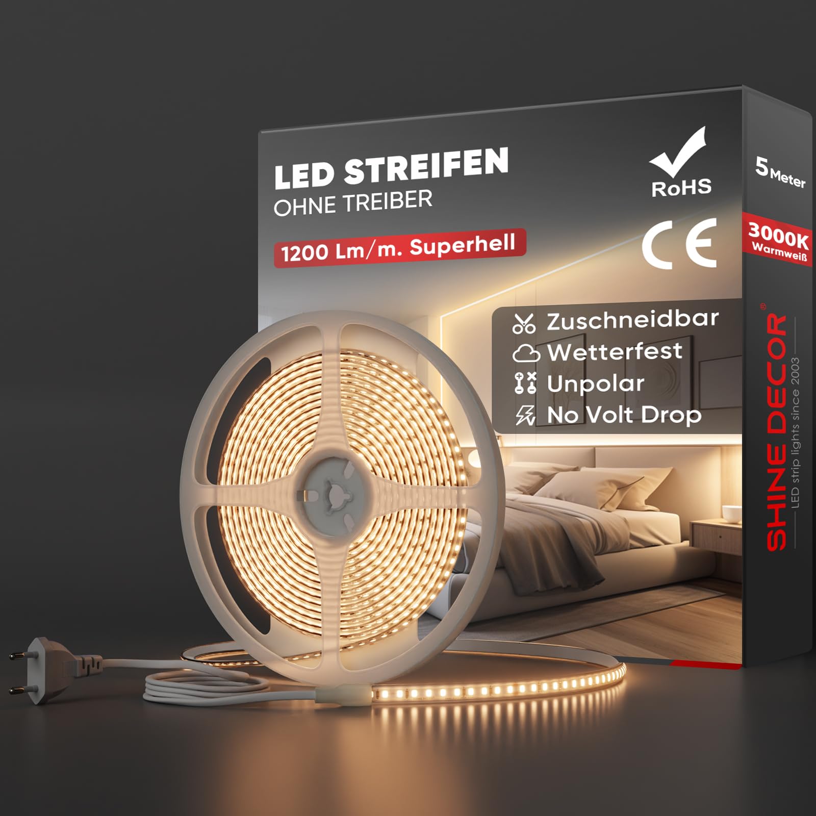 Shine Decor LED Streifen, AC 220V 230V IP65 Wasserdicht LED Band, SMD 2835 120 leds/m Ultrahohe Helligkeit Lichtleiste für Home Decoration Küche Garten LED Beleuchtung