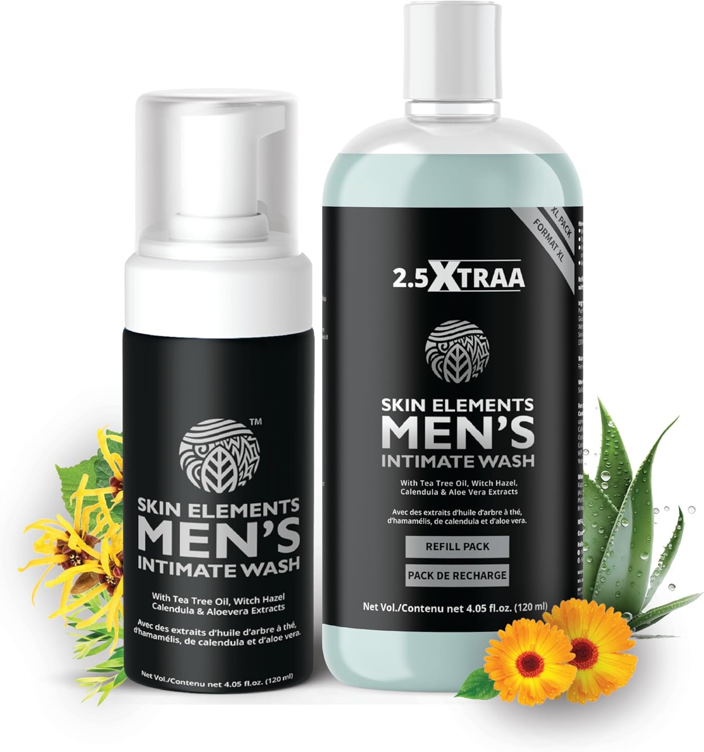 Skin Elements Menâs Intimate Wash JUMBO Pack with Refill | For 180 Days | 14.2 fl oz | pH-Balanced Foaming Hygiene Wash with Tea Tree Oil | Genital Wash | Super Saver Pack |