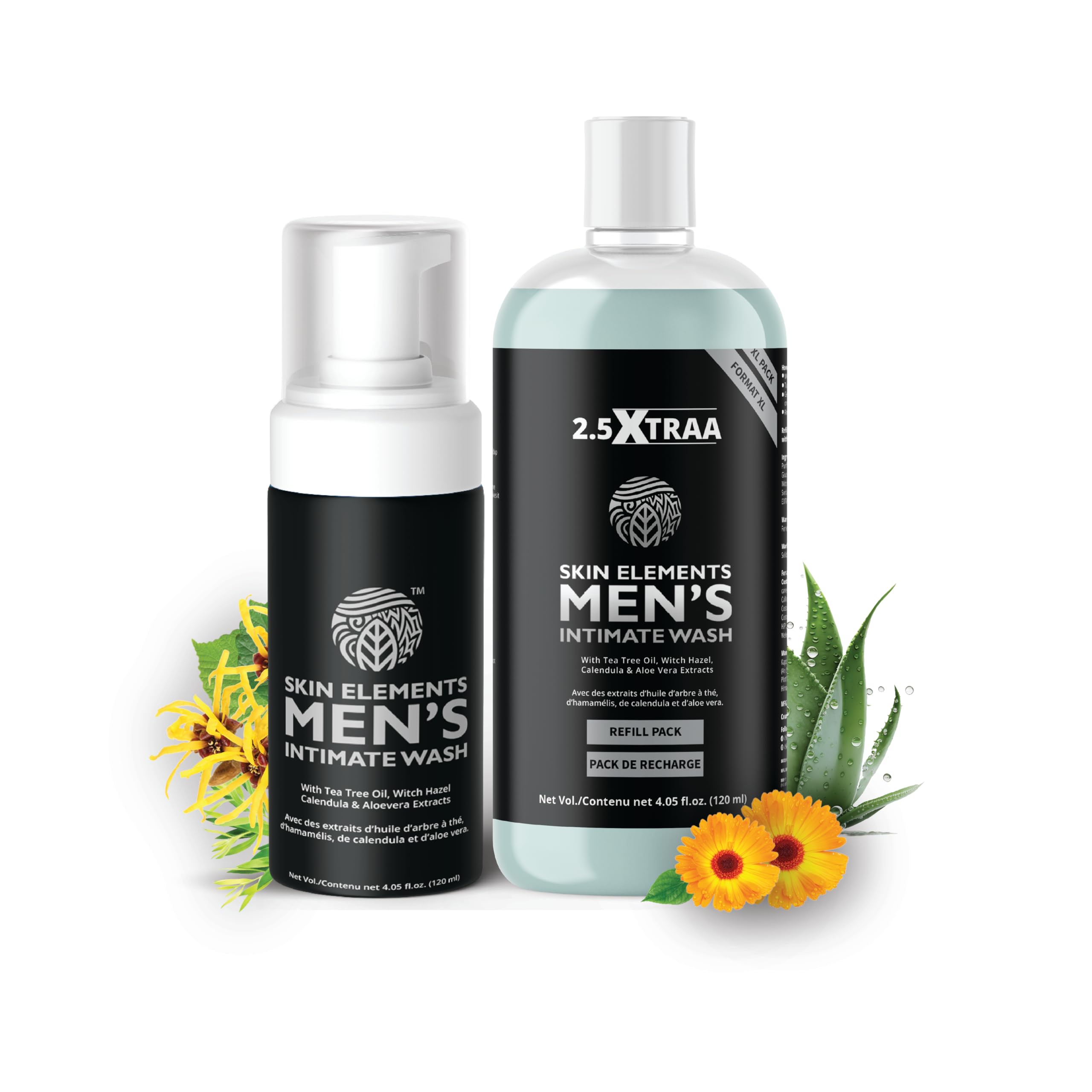 Skin Elements Men’s Intimate Wash JUMBO Pack with Refill | For 180 Days | 14.2 fl oz | pH-Balanced Foaming Hygiene Wash with Tea Tree Oil | Genital Wash | Super Saver Pack |