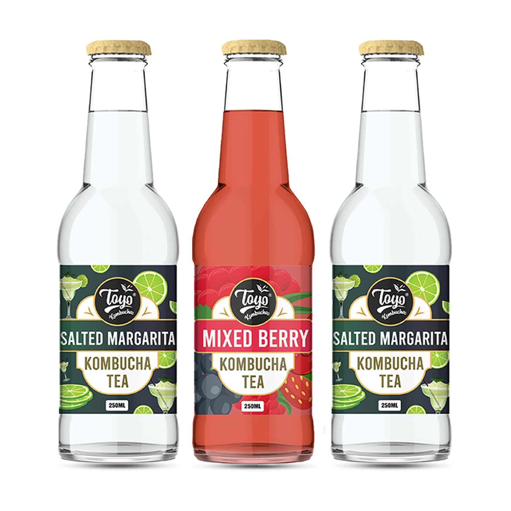 Toyo Kombucha Gold Edition Fermented Tea | 250 ML | Gut Friendly | Gluten free | Natural, Vegan and Unpasteurised | Variety Pack | 2 Salted Margarita & 1 Mixed Berry | Pack of 3