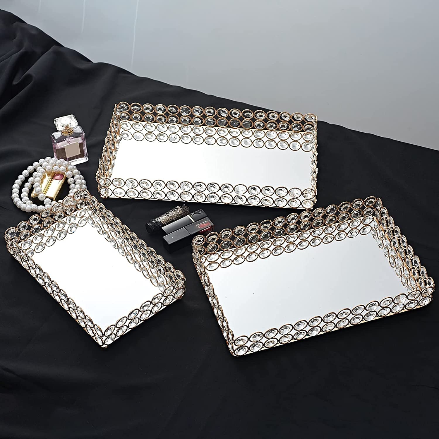Bandejas Bandeja de baño, bandejas decorativas para tocador de maquillaje, cristal espejado, joyería cosmética, baratija, soporte de almacenamiento, organizador, bandeja de almacenamiento Multifunción