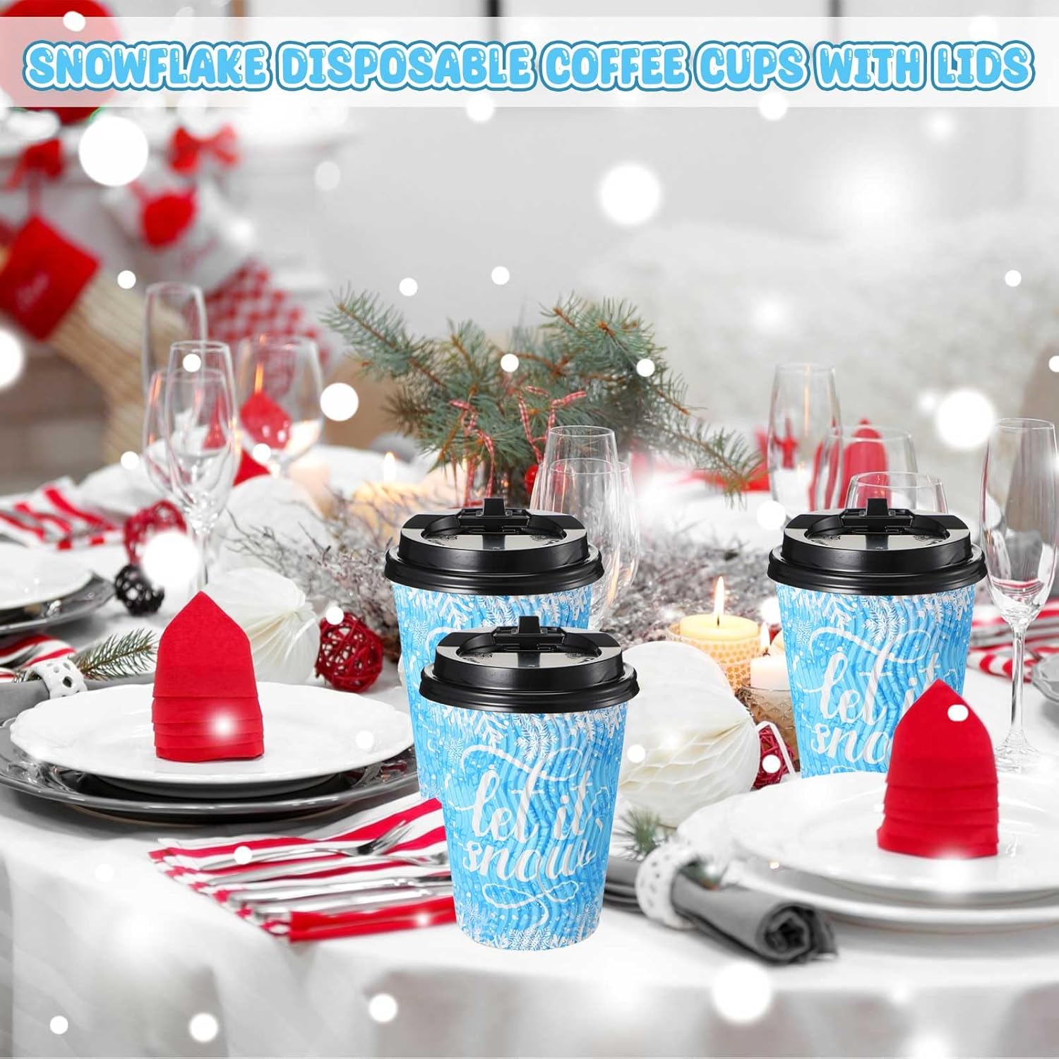 Nuogo 60 Sets 12 oz Christmas Disposable Coffee Cups with Lids Thick Winter Snowflake Paper Cups Insulated Ripple Wall for Christmas Travel Hot Chocolate Cocoa Tea Cold Drinks Liquids - Image 7