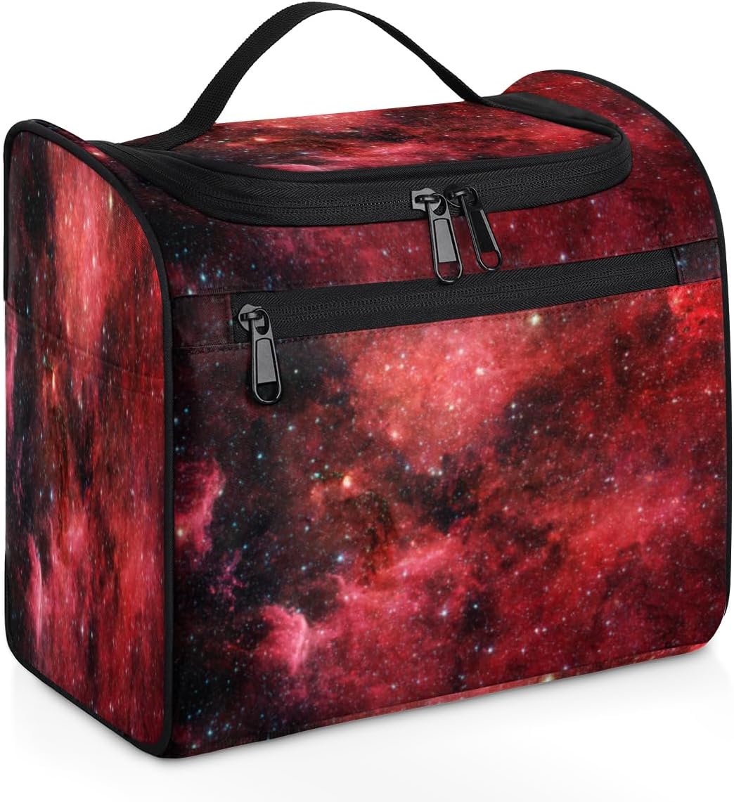 cfpolar Red Galaxy Starry Sky Hanging Travel Toiletry Bag for Women Girls, Waterproof Makeup Organizer Bag Case with Compartments, Portable Bathroom Cosmetic Storage Bag Pouch Holder