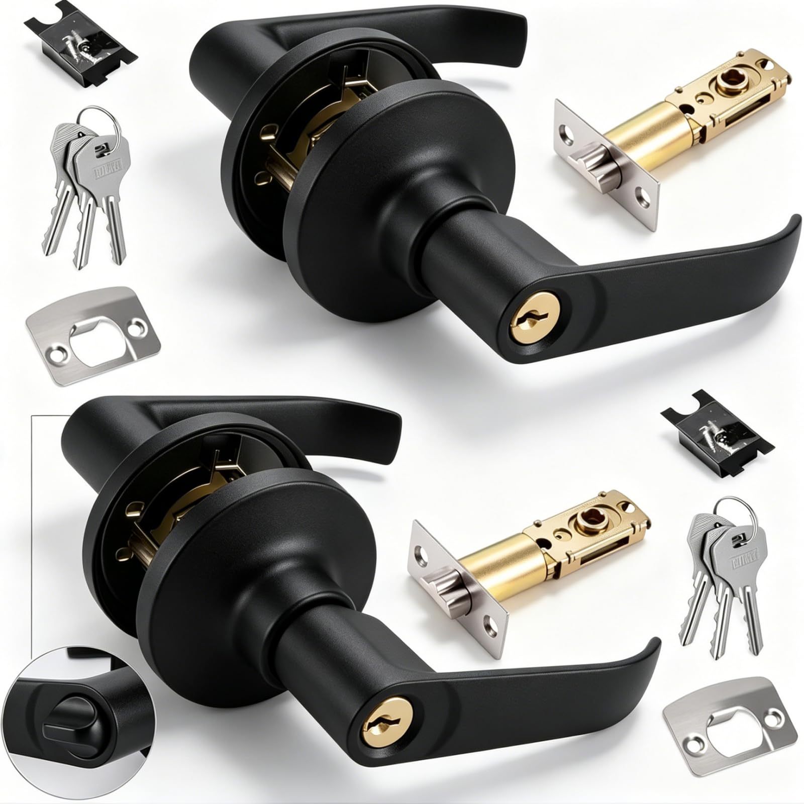 2-Pack Door Lock with Key Set, Aluminium Alloy Entrance Door Handles, Internal Door Handles with 3 Keys & Adjustable Latch, Privacy Knob Locking Device, for Home & Office Doors (Black, 25-45mm)