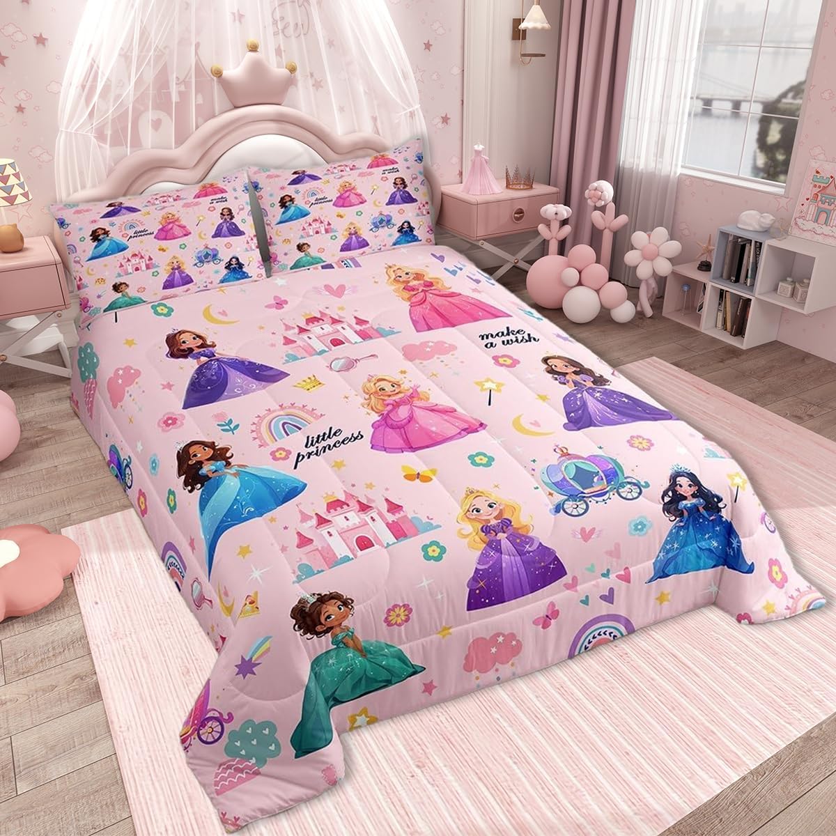 jejeloiu Kids Magical Princess Bedding Set Twin Size Pink Castle Duvet Quilt for Boys Girls Teens Bedroom Decor Fairy Comforter Set Dreamy Breathable Soft Lightweight Microfiber 2Pcs