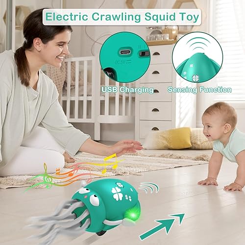 Miniatura 3 de WDQT Juguete de cangrejo gateante para bebés, juguetes para bebés con batería recargable integrada, juguetes para bebés con música y luz LED para