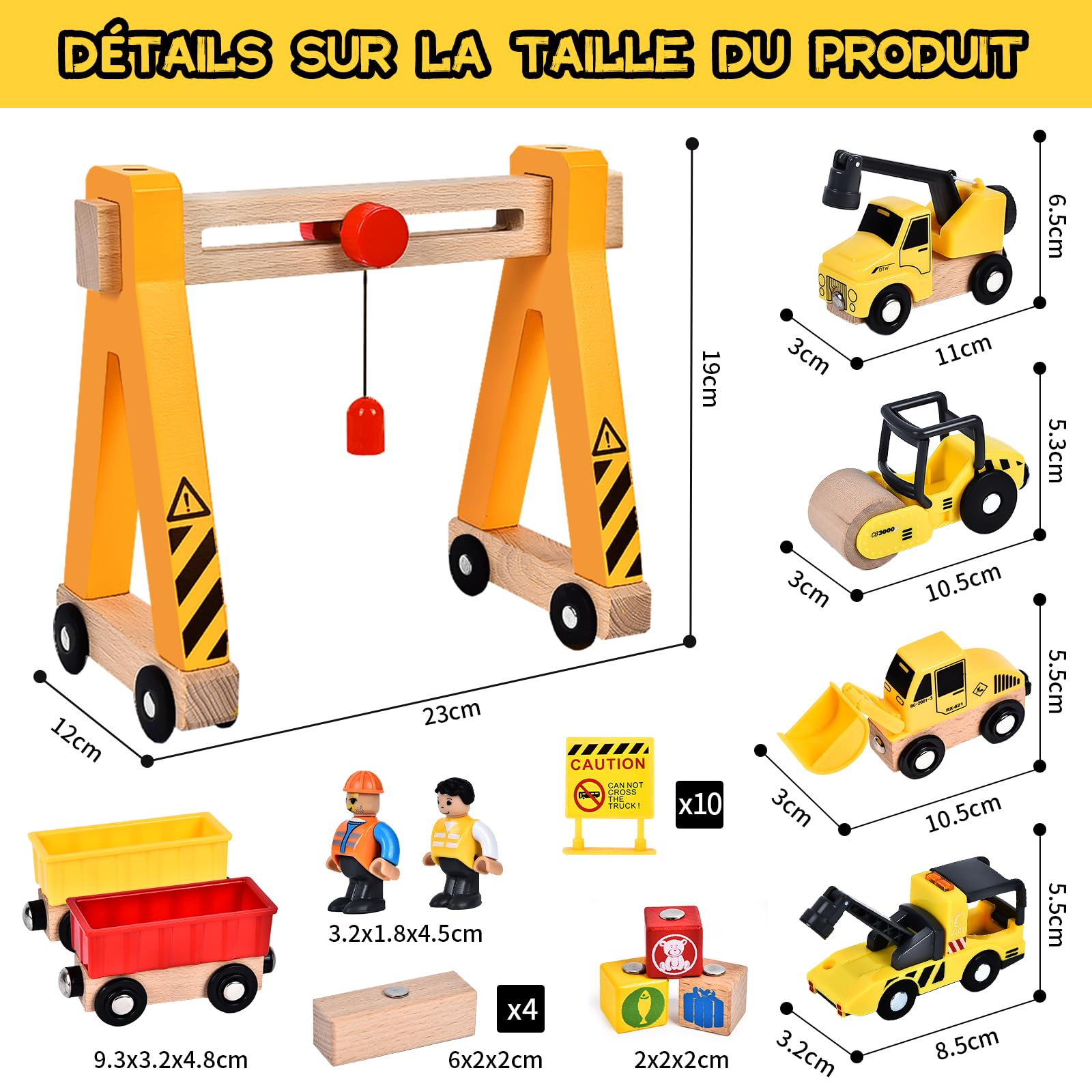 Herenear Véhicule Chantier Jouet en Bois, Voiture Jouet avec Grue à Portique, Excavateur, Grue, Rouleau Compresseur, Cadeau Jeu Educatif pour Enfants Garçon Fille 3+ Ans