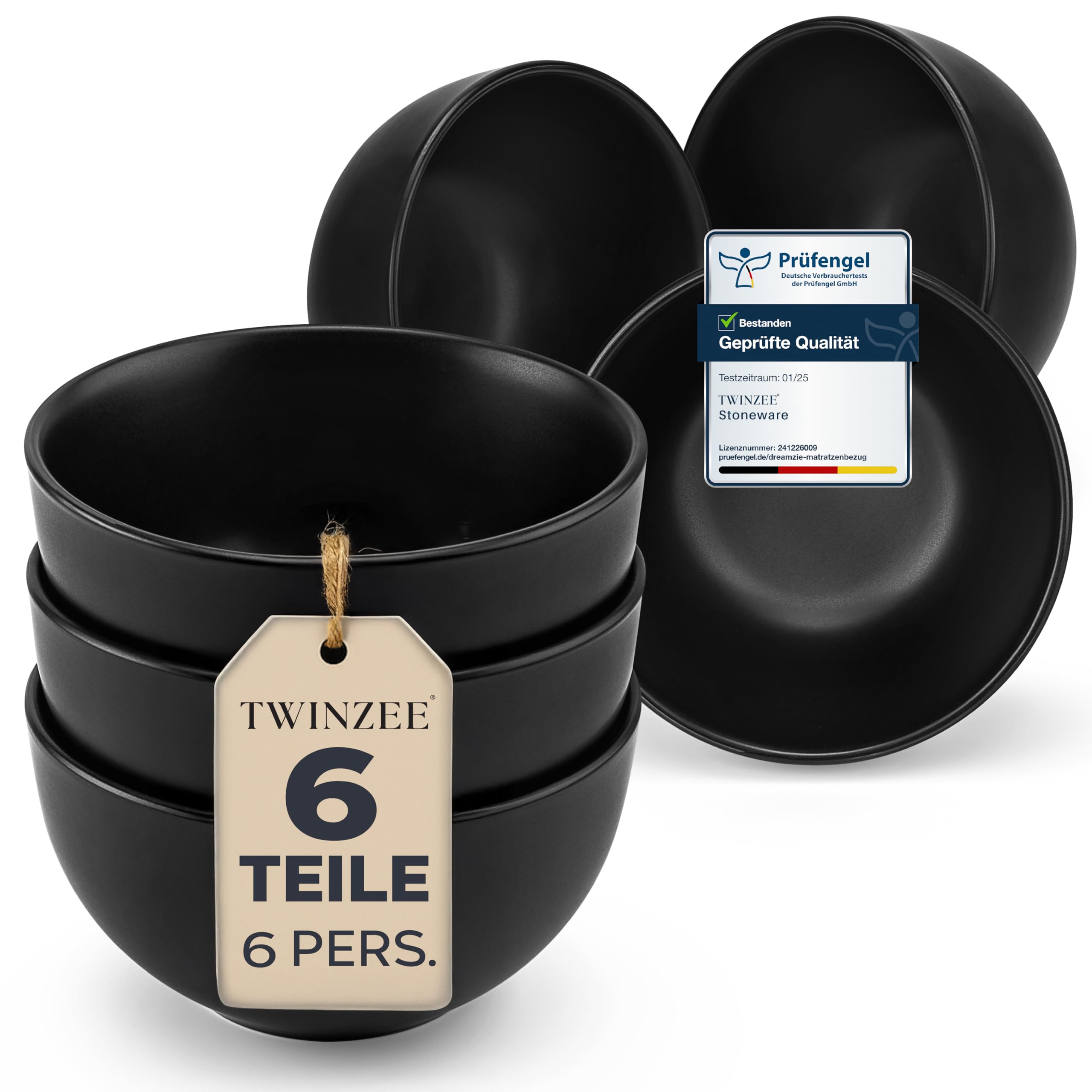 Twinzee Ebony Steingut Müslischalen Set Matt-Schwarz für 6 Personen - 6-teilig Mikrowellengeeignet