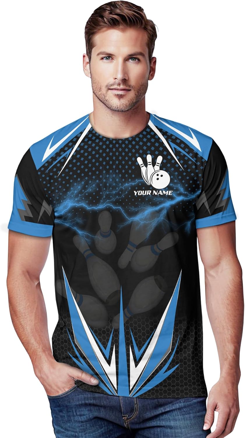 Unisex Bowling Tshirt Custom Blue Lightning Bowling Pin Tee Shirt for Bowler 3 D Bowling Lover Clothing