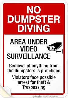 No Dumpster Diving Area Under Video Surveillance Sign, 10x7 Inches, 4 Mil Vinyl Decal Stickers Weather Resistant