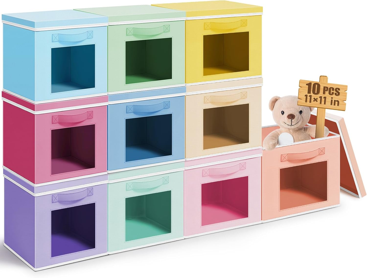 10 Pcs Fabric Storage Cubes with Lids and Clear Windows 11x11 Inch Foldable Closet Organizer Bins Aesthetic Pastel Storage Bins for Shelves Dorm Essentials Craft & Office Organization