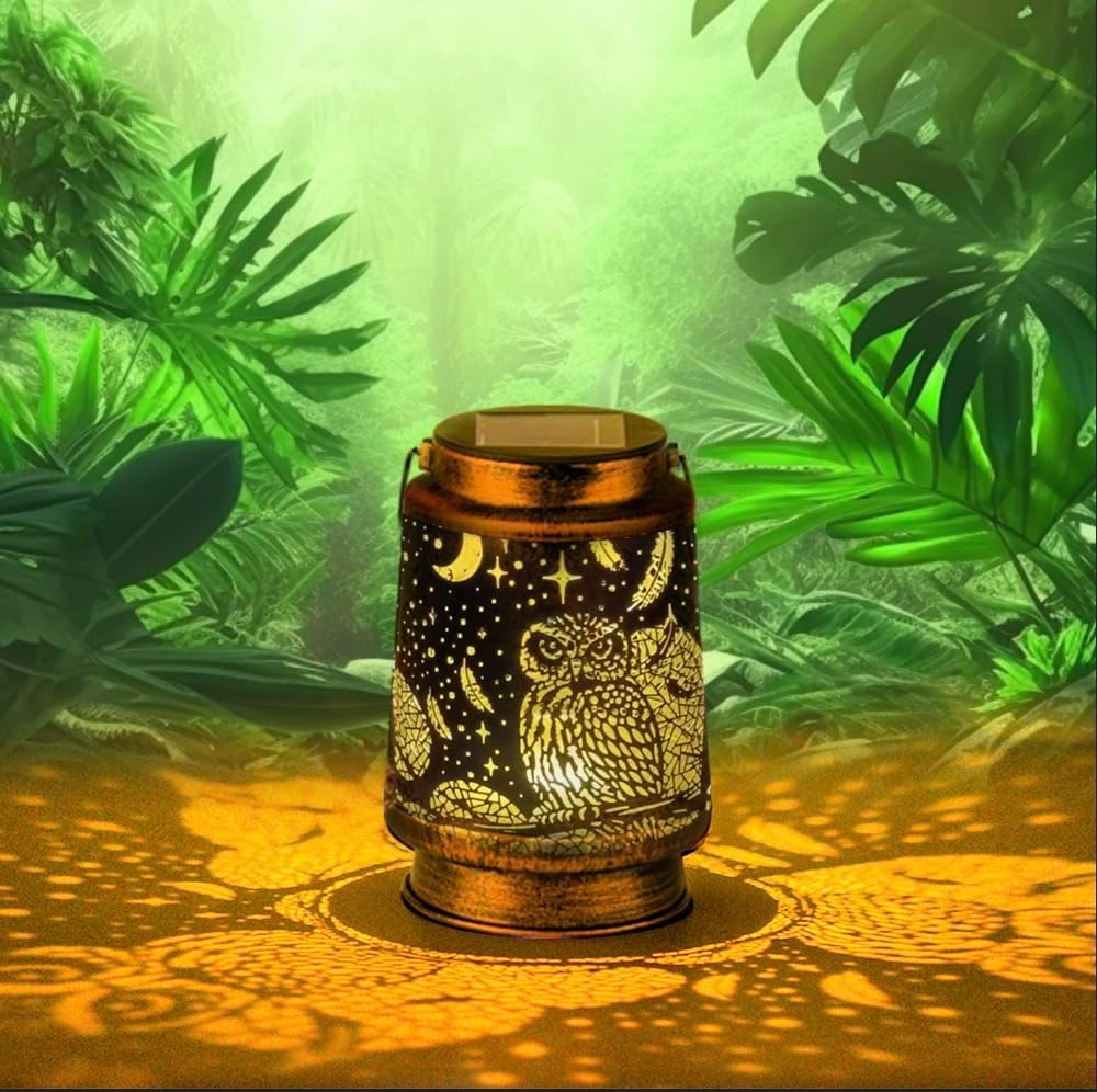 2 Pack Solar Lanterns Outdoor Waterproof Owl Garden Decor Hanging Solar Lights Metal Decoration Outside Metal Lantern Lights for Patio Garden Table Decor