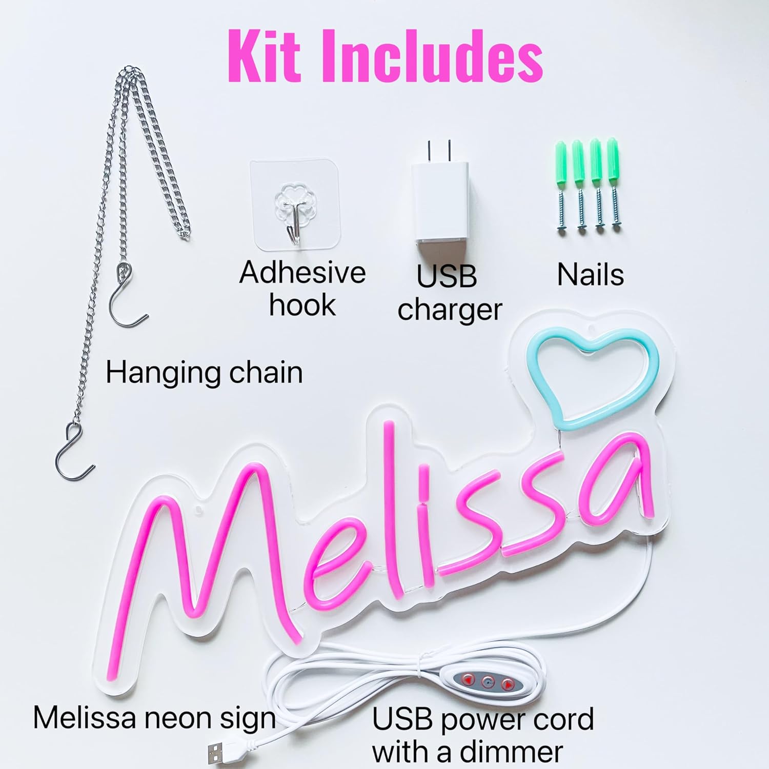 Melissa Neon Sign – Pink LED Name Light with Ice Blue Heart, 16.9 x 6.7 in, Girls Bedroom Wall Decor, Nursery Decoration, Baby Shower, USB Powered, Adjustable Brightness