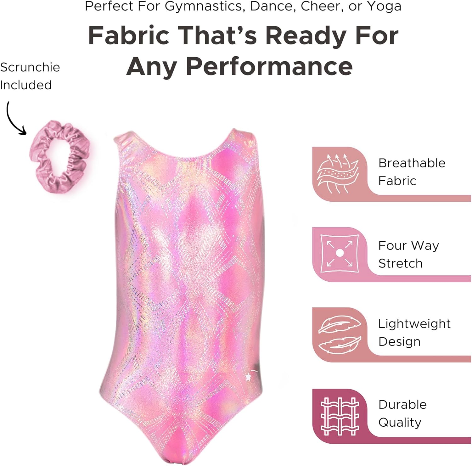 Destira Pinky Promise Gymnastics Leotard for Girls, Dazzling Pink Gradient Shine Hologram Design and Matching Scrunchie - Image 3