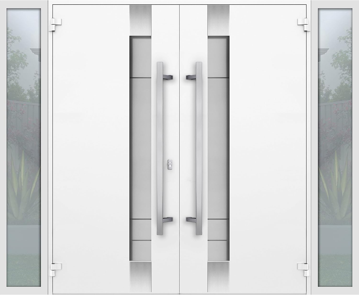 VDOMDOORS Front Exterior Prehung Metal Double Doors/Deux 1713 White Enamel Frosted Glass / 2 Sidelites Exterior Black Windows/Entry Modern Painted Left Inswing Active Door 100" x 80"