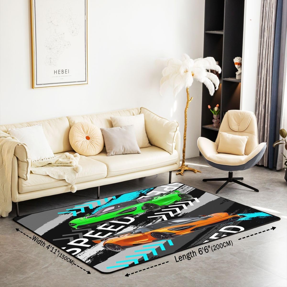 Green Qrange Racing Car Area Rug 3x5 Kids Race car Decorative Carpet for Boys Girls Teens Speed Sports Car Living Room Rugs Extreme Sports Indoor Floo