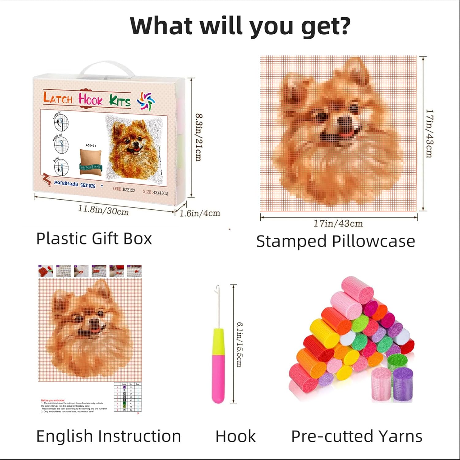 Cute Brown Pomeranian Dog DIY Latch Hook Pillow Kits for Adults Printed Pillowcase Crochet Yarns Hooking Handmade Pillow Cover Cushion for Home Sofa Decoration 17x17inch(1)