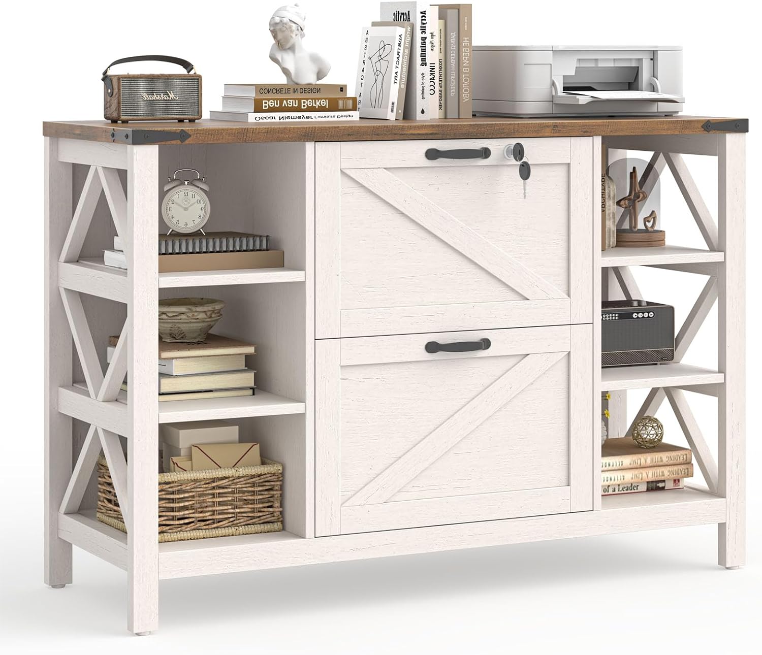 Vabches File Cabinet with 2 Drawers, Farmhouse Lateral File Cabinet Fits Files Letter/A4/Legal Size, Wooden Filing Cabinet with 4 Adjustable Shelves Printer Stand for Home Office, Rustic White