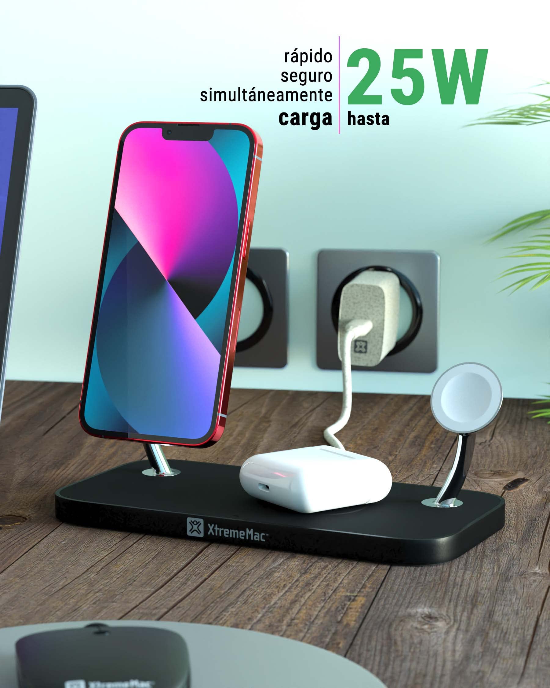 XtremeMac X-mag Pro Cargador Inalámbrico 3-en-1 de Alta Velocidad, con certificación MagSafe para iPhone 12/13/14/15, Apple Watch, AirPods y Todos los Smartphones con Capacidad de Carga inalámbrica.