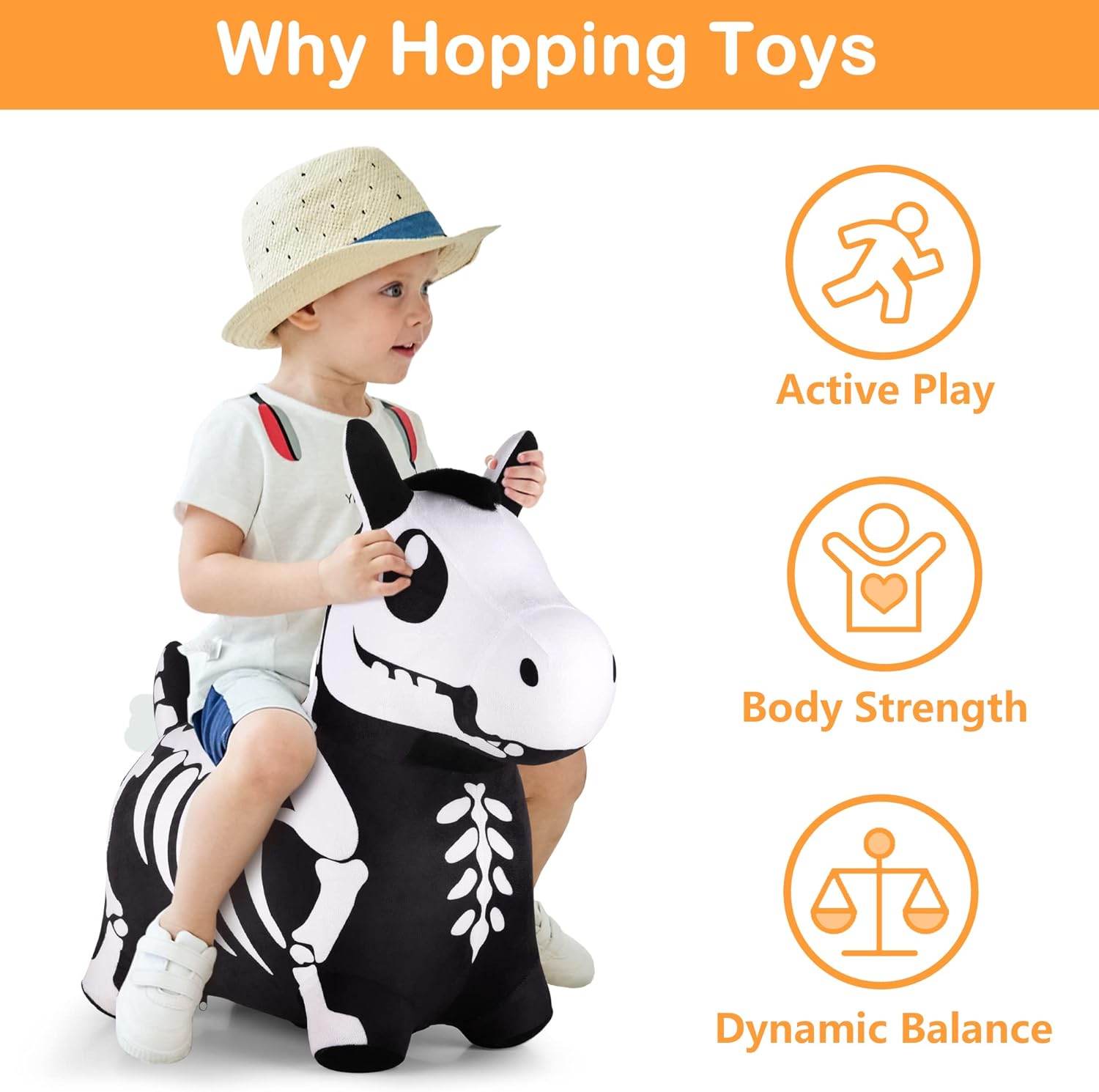 iPlay, iLearn Bouncy Pals Skeleton Hopping Horse, Toddler Bouncing Animal Toys, Inflatable Plush Bounce Hopper, Kid Indoor Ride On Bouncer, Halloween Birthday Gifts 18 Months 2 3 4 5 Year Old Boy Girl