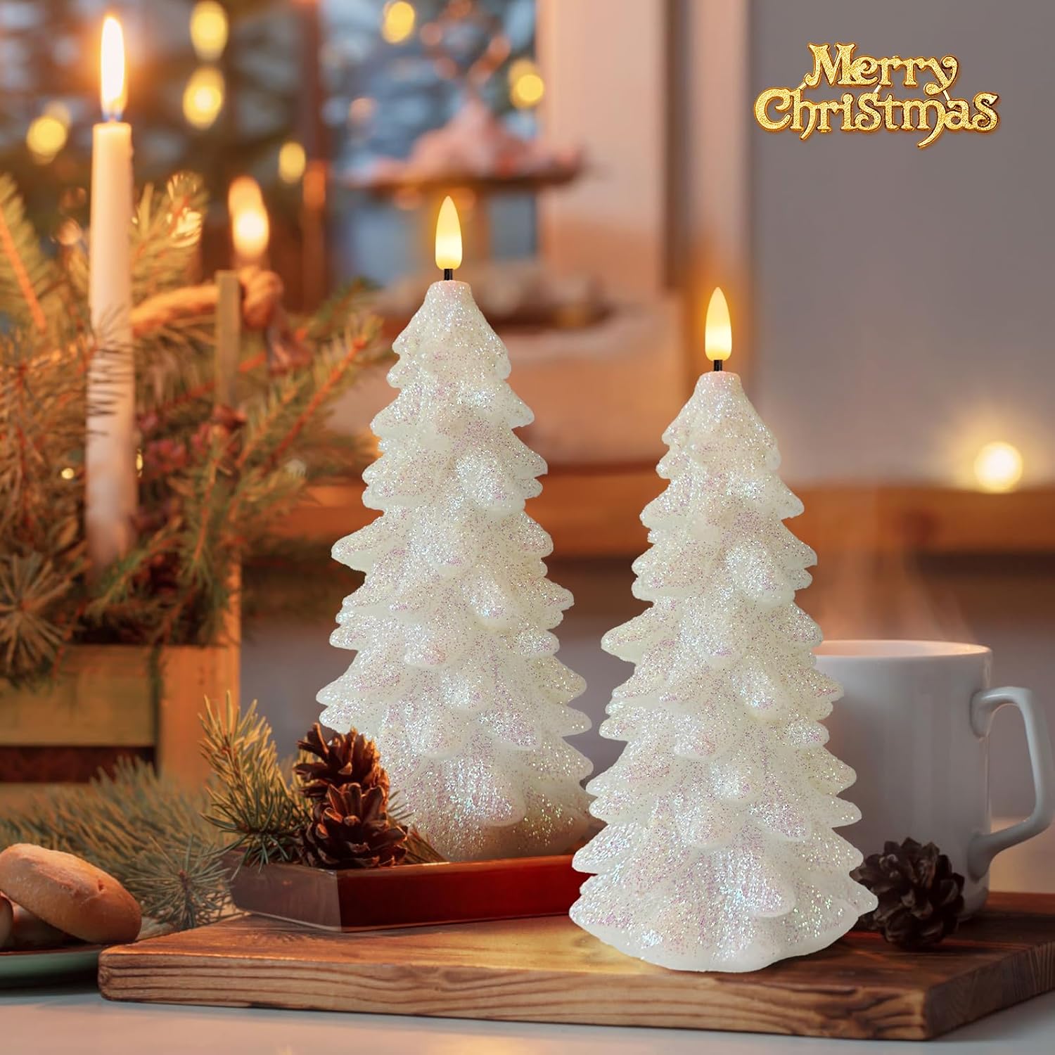 Christmas Tree Shaped Flickering Flameless Candles, Glittering White Real Wax Battery Operated LED Candles with Timer for Christmas Home Party Decoration Set of 2