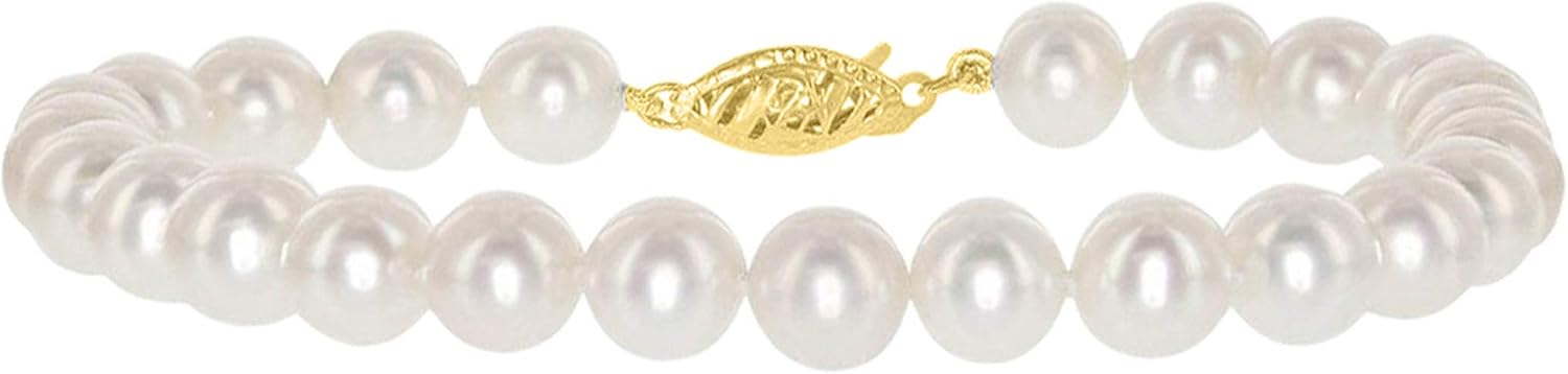 Blue Ocean Pearls 14K Yellow Gold AAA Freshwater Cultured Pearl Bridal Silk-Knotted Strand Bracelet with Fishhook Clasp - Choice of Pearl Size, Length & Metal Color (7.00, 3.0-3.5mm)
