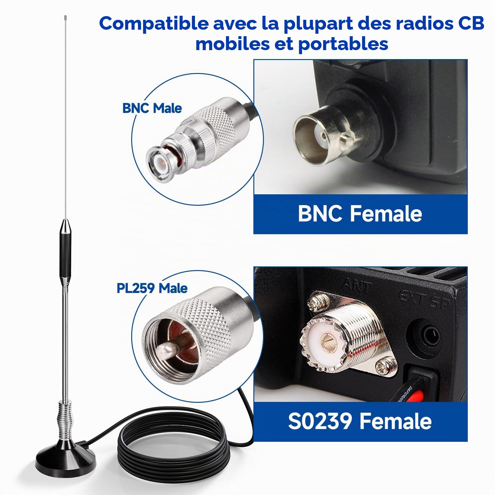 Bingfu Antenne CB Veicolare 27 MHz Flexible Mâle UHF PL259 et BNC 65 cm