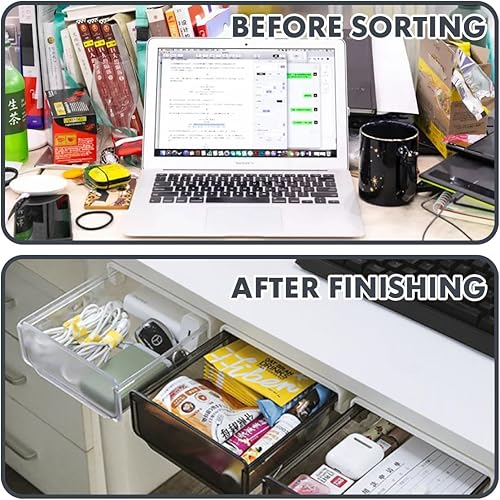 Miniatura 4 de Davidsons Collection - Cajón autoadhesivo debajo del escritorio, 2 paquetes de organizador oculto para mesa, bandeja de almacenamiento grande para