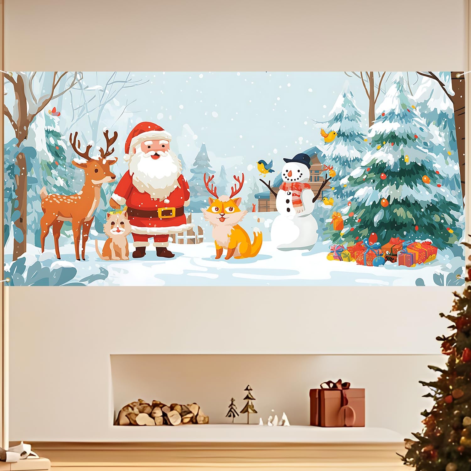 ANNA QUEEN Merry Christmas Decorations Garage Door Banner 6 x 13FT,Winter Snowman Santa Claus Backdrop 71"x157" Door Cover Xmas Decoration for Party (Santa Claus Elk Snowman)