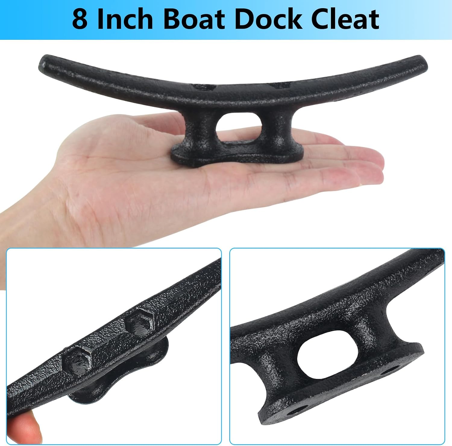 8 Inch Boat Cleats,Hot Dip Galvanized Cast Iron Dock Cleats,Electrophoretic Coated Black Boat Dock Cleats,Rope Cleatsfor Deck Nautical Decor,Piers for Tying up Boats,Hardware Not Included(2/4/6Pack)