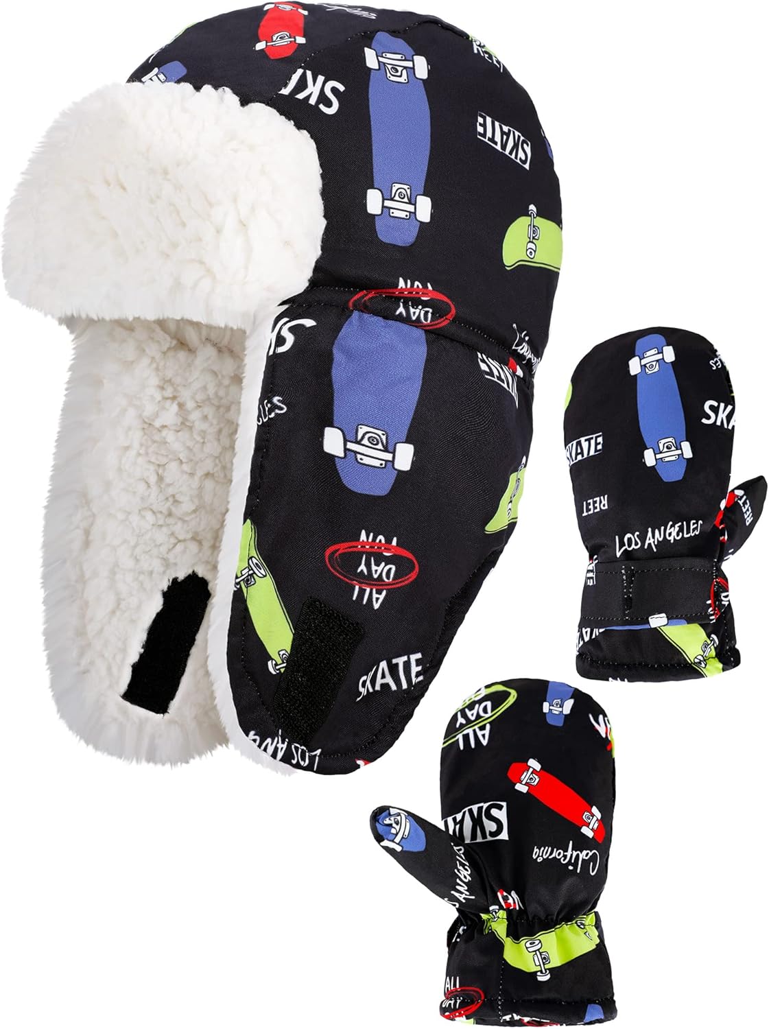 Toddler Winter Earflap Hat Mittens Set Kids Warm Cute Print Cap Gloves for Boys and Girls: Clothing, Shoes & Jewelry