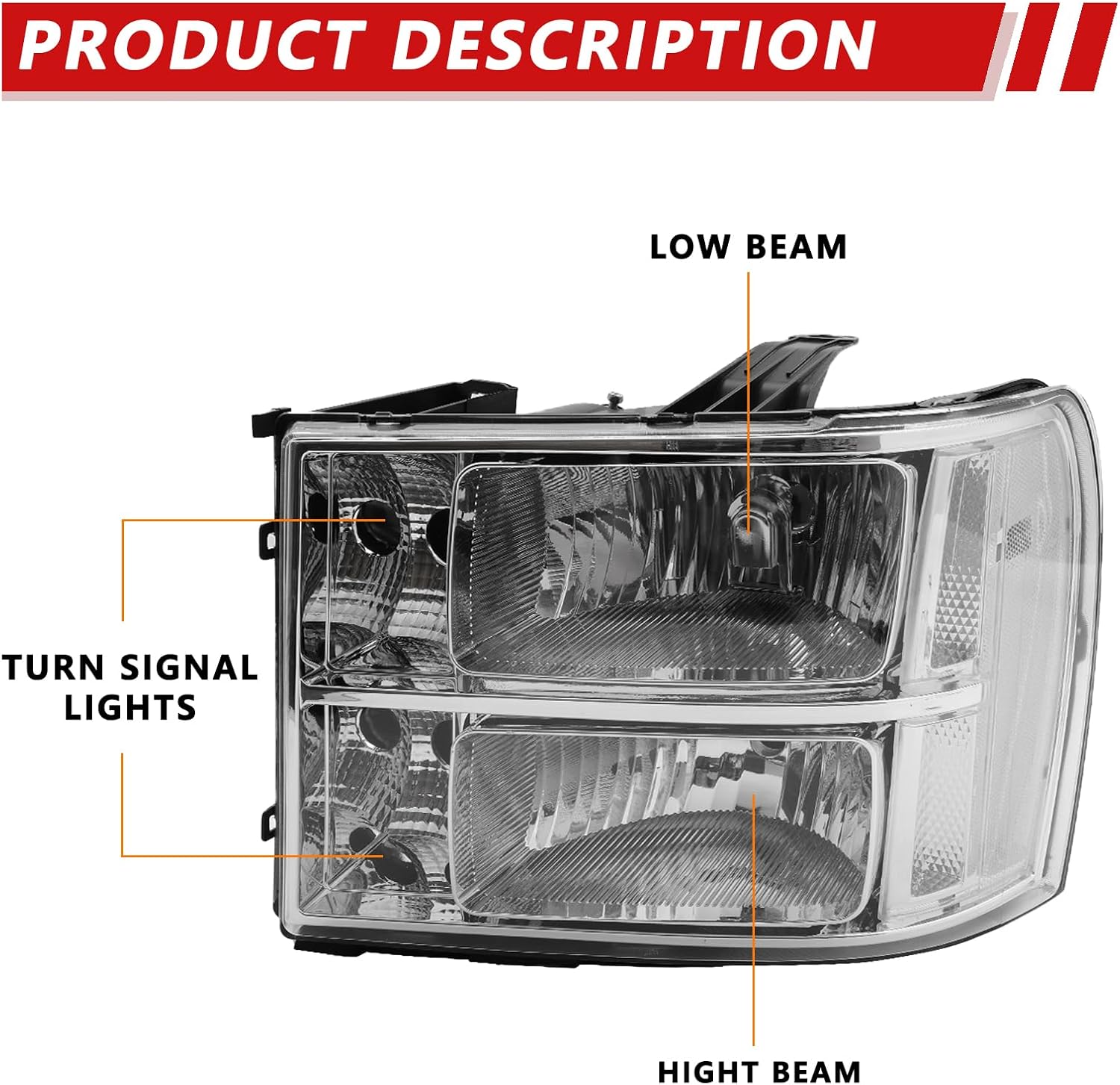 Headlight Assembly Compatible with 2007-2013 GMC Sierra 1500, 07-14 Sierra 2500HD 3500HD Driver and Paseenger Side Truck Clear Lens Chrome Housing