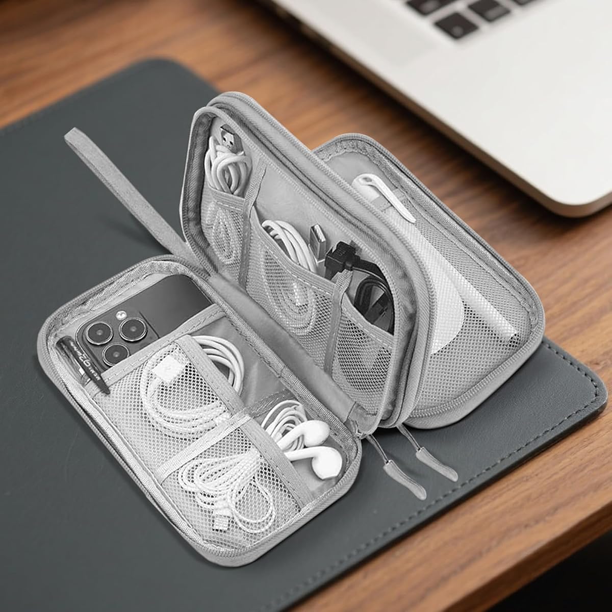 Travel Electronics Organizer, Waterproof Cable Organizer Bag for Electronic Accessories Double Layer Large Shockproof Cable Storage Bag(Grey)