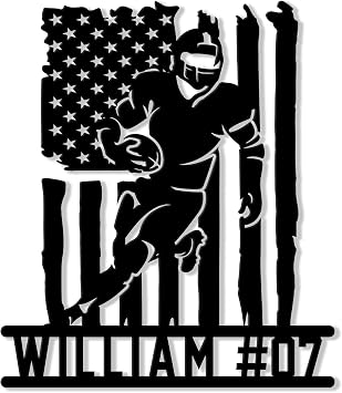 Personalized Football Metal Sign, American Football Player US Flag Hanging Sign Outdoor Porch Welcome, Custom Name & Number Wall Fence Yard Patio Home Office Decor, Gift Gift for Boy, Son by OhaPrints