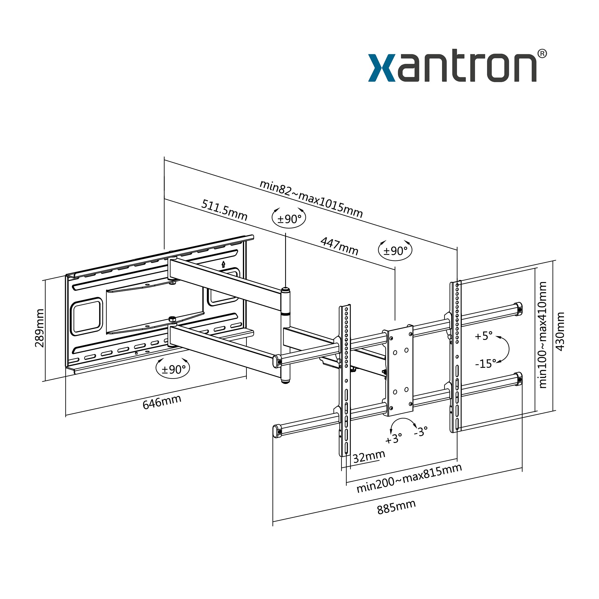 Xantron® STRONGLINE-960XL Soporte TV Pared Giratorio 43-80 Pulgadas y VESA 200x200 a 800x400 / Soporte TV Brazo Largo/pequeña Distancia a la Pared - Incl. Material de Montaje