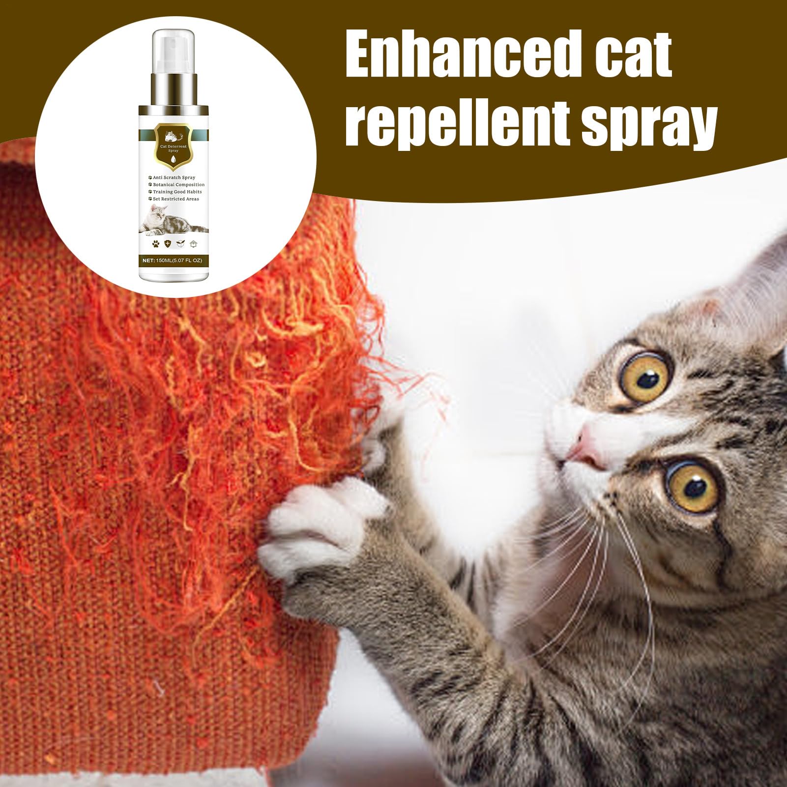 Spray Antigatos | 150ml Seguro Natural Antiarañazos - Control Interior Felino,Protege Neumáticos Sofás Alfombras Césped Patio Balcón Terraza Piscina